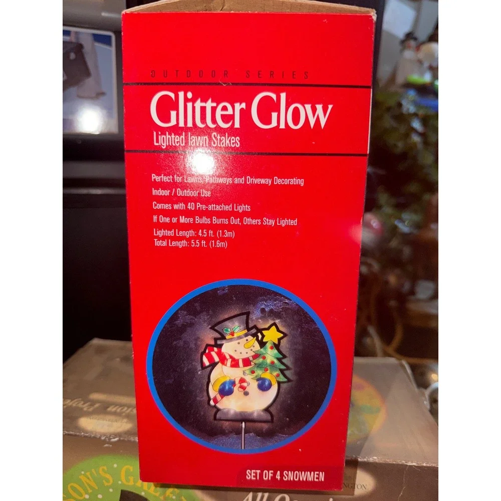 Vintage Outdoor Series Glitter Glow Lighted Snowmen Lawn Stakes Set of 4 Boxed